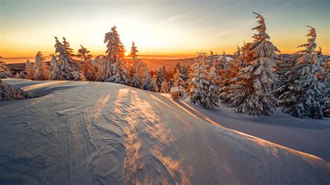 Snow Covered Hills And Trees Under Sky During Sunrise Hd Winter