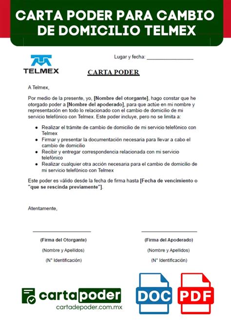 ᐅ Carta de Poder para Cambio de Domicilio Telmex Ejemplos