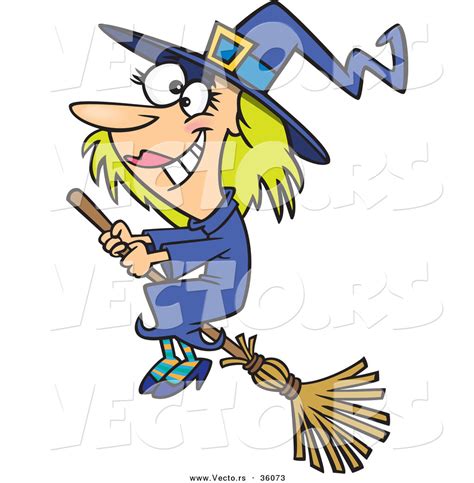 Halloween Vector Of A Good Happy Cartoon Witch Flying On A Broom By Ron Leishman 36073