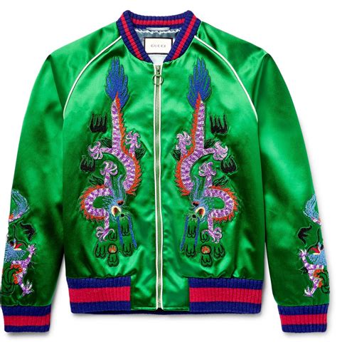 Gucci Appliquéd Silk Satin Bomber Jacket In Green For Men