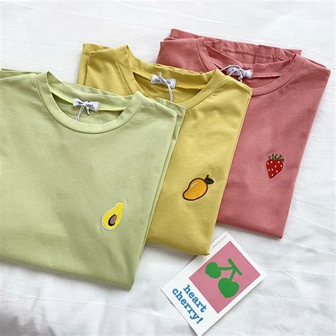 Fruit Embroidery Tees 3 Designs Aesthetic Shirts Shirts Women