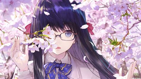 Anime School Girl Glasses Cherry Blossom 4k 294