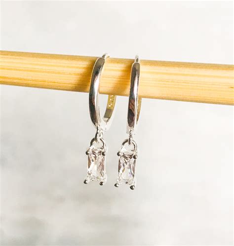 925 Sterling Silver Crystal Rectangle Hoop Earrings Etsy