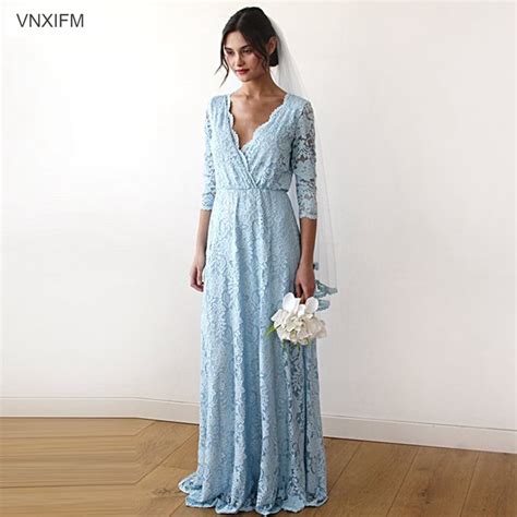 Vnxifm 2019 Light Blue Bohemian Lace Beach Wedding Dress Long Sleeve V