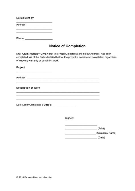 Notice Of Completion General Form Free Template Notice Of