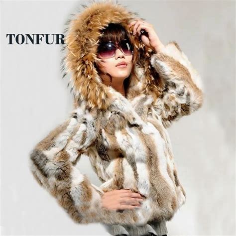 hood big luxury real rabbit fur jacket with huge natural raccoon fur collar coat lady fur hoody