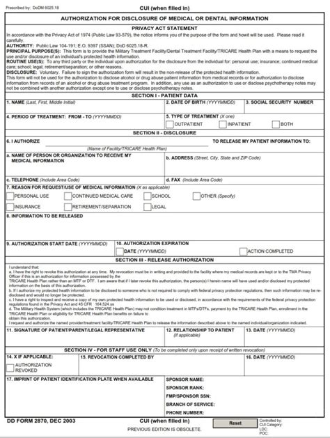 Dd Form 2870 Authorization For Disclosure Of Medical Or Dental