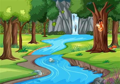 Jungle Scene With Many Trees And Waterfall 2284530 Vector Art At Vecteezy