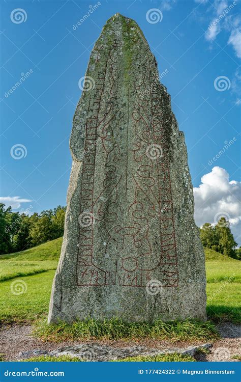 Low Angle Close Up Of A Large Rune Stone In Sweden Stock Photo Image