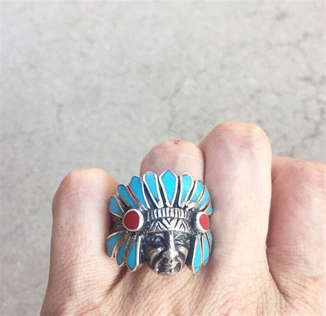 Native American Chief Ring Turquoise Coral And Sterling Silver Us