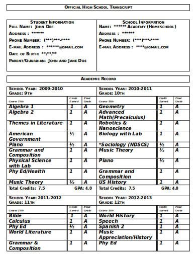 13 High School Transcript Templates In Pdf Doc