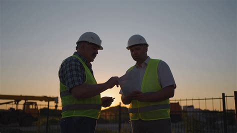 Portrait Of Two Builders Standing At Building Site Two Builders With