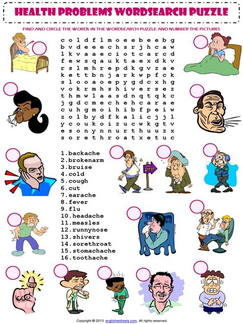 This illnesses vocabulary list includes common aches and pains we feel in our bodies. Health Problems Illnesses Sickness Ailments Injuries Wordsearch Puzzle Vocabulary Worksheet ...