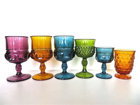 Set Of 6 Mismatched Colored Glasses 70s Glass Goblet Set Etsy Glass Glass Stemware Mason