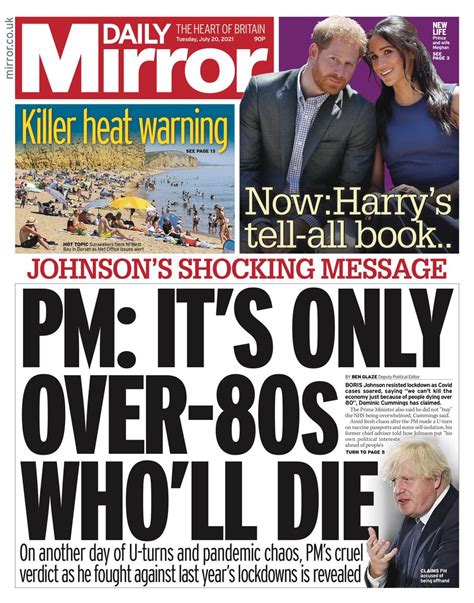 daily mirror front page 20th of july 2021 tomorrow s papers today