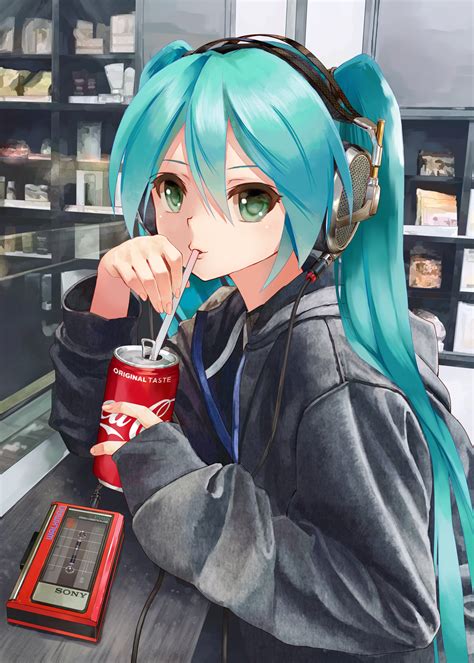 safebooru 1girl aqua hair black jacket cafe can cassette player coca cola commentary request