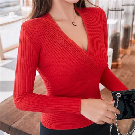 30 OFF Sexy V Neck Low Cut Slim Fashion Tight Fitting Sweater Rosegal