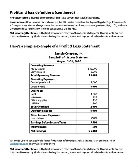 Example Of Profit And Loss Statement