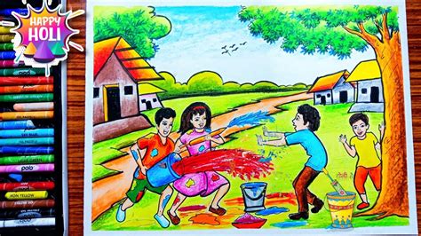 Holi Drawing 2023।holi Festival Scenary Easy Drawing।holi Drawing With