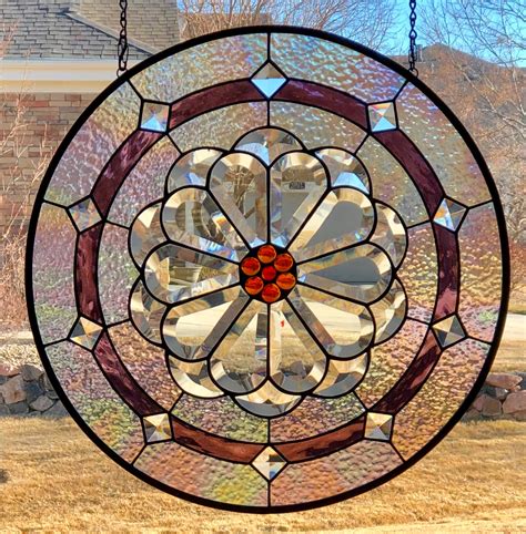 Round Iridescent Stained Glass Window Panel Rose Bevel Beveled Flower Delphi Artist