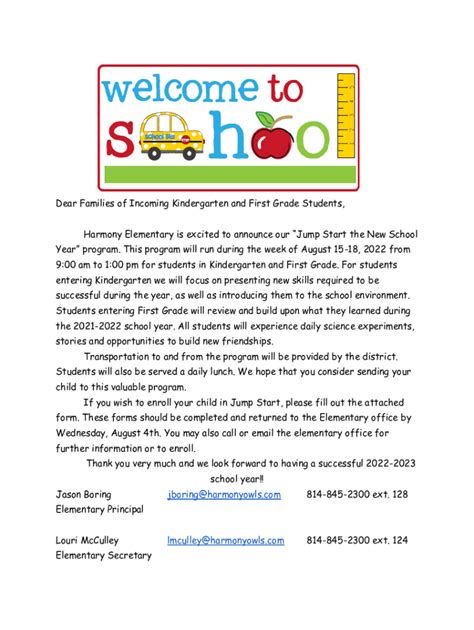 Fillable Online Dear Families Of Incoming Kindergarten And First Grade