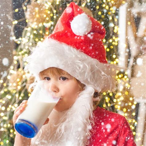 Christmas Childs In Snow Santa Claus Enjoys Cookies And Milk Left Out