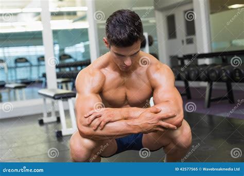 Shirtless Muscular Man Posing In Gym Stock Image Image Of Bare