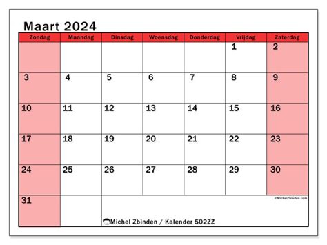 Kalender Maart 2024 502zz Michel Zbinden Be