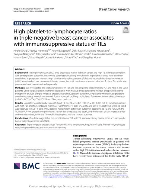 Pdf High Platelet To Lymphocyte Ratios In Triple Negative Breast
