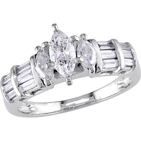 14k White Gold 1 Ctw Marquise And Baguette Diamond Engagement Ring