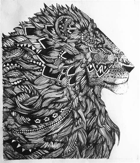 Zentangle Lion Black And White Zentangle Animal Drawing Etsy Lion
