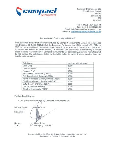 Rohs Declaration Of Compliance Compact Instruments Ltd