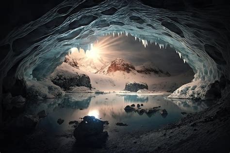 Premium Ai Image A Frozen Lake In The Center Of A Cavern Illuminated
