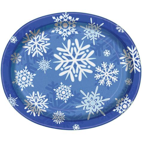 12 Winter Snowflake Holiday Oval Paper Dinner Plates 8ct