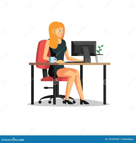 Beautiful Business Woman Working On Computer Vector Illustration Woman