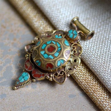 Large Tibetan Brass Mosaic Pendant With Turquoise And Coral Etsy