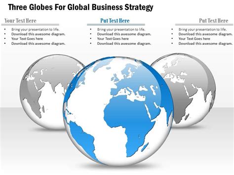 Three Globes For Global Business Strategy Ppt Presentation Slides