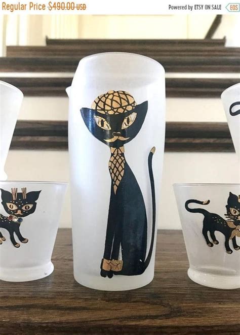 Rare 9 Piece Libbey Kit Kat Cool Cat Set Cocktail Pitcher 8 Glasses Free Shipping Etsy