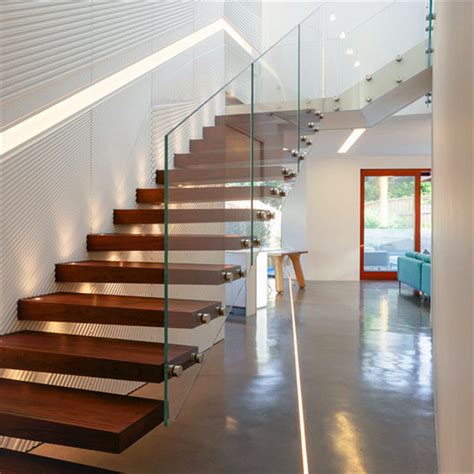 Single Side Glass Railing Floating Wood Tread Stair China Steel Stair