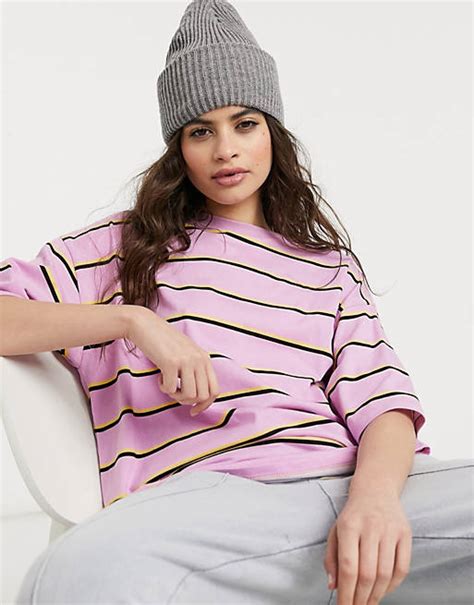 Asos Design Super Oversized T Shirt With Mixed Stripe In Lilac Yellow And Black Asos