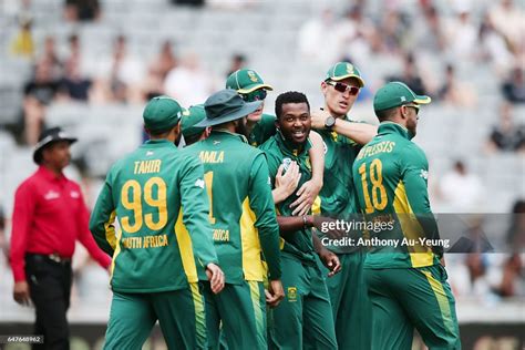 Andile Phehlukwayo Of South Africa Celebrates With Teammates For The