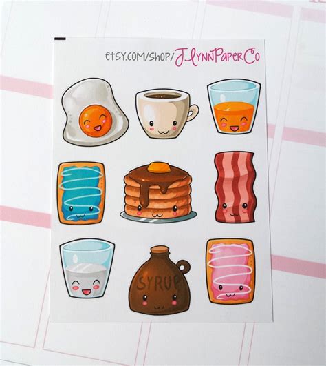 9 Large Kawaii Breakfast Food Stickers Kawaii