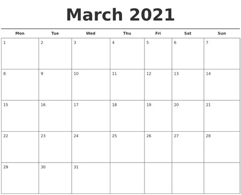 March 2021 Free Calendar Template