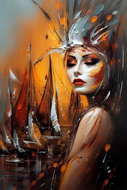 Premium Ai Image Painting Of A Woman With A Feather Headdress And A Ship Generative Ai