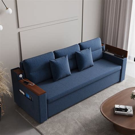 2100mm Blue Full Sleeper Sofa Linen Convertible Sofa Bed With Storage