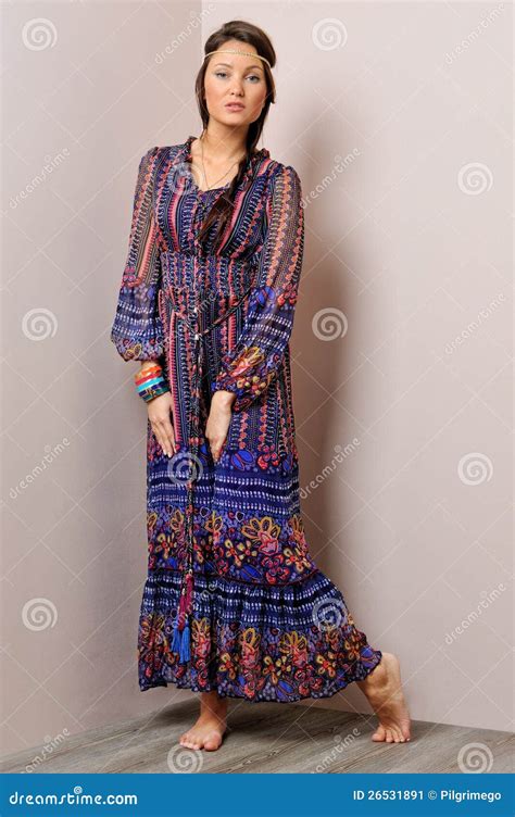 Beautiful Barefoot Woman In Long Blue Dress Stock Image Image Of