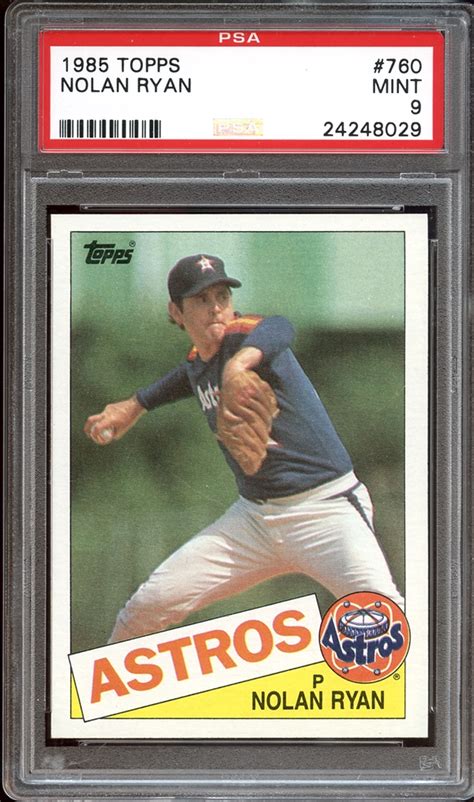 With a hunter green border, sunset gradient text over baseball diamond clip art and a vintage topps 40 years logo, this card screams '90 Lot Detail - 1985 Topps #760 Nolan Ryan PSA 9 MINT