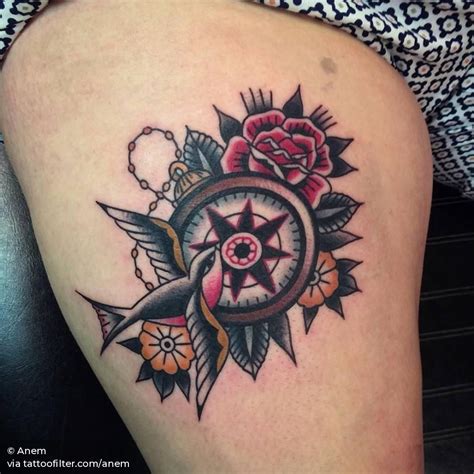 Traditional Style Compass Swallow And Red Rose Tattoo On The Right