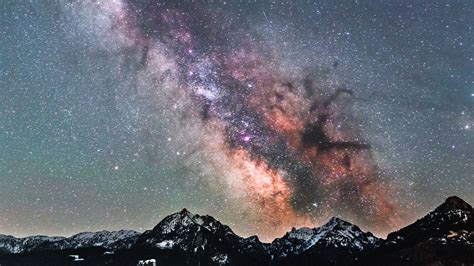 Download Wallpaper 1920x1080 Milky Way Starry Sky Mountains Peaks
