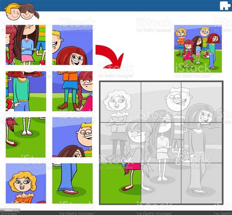 어린이 캐릭터 그룹과 직소 퍼즐 작업 가공의 인물에 대한 스톡 벡터 아트 및 기타 이미지 가공의 인물 교육 단체 Istock